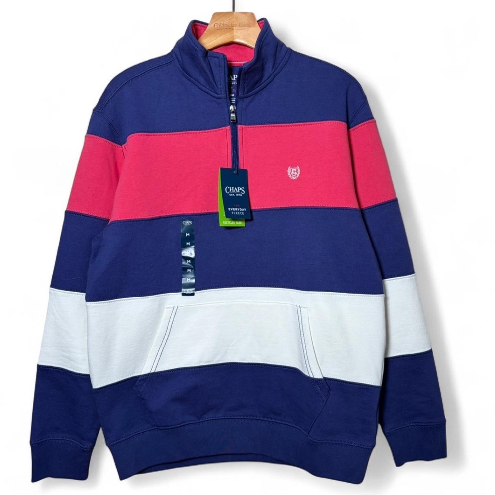 Chaps Everyday Fleece Rugby Stripe Quarter Zip Pullover Size Medium